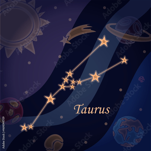 Doodle constellation of the taurus Symbol of the zodiac signs Vector illustration of astrology and astronomy. Horoscopes bright stars in cosmos background