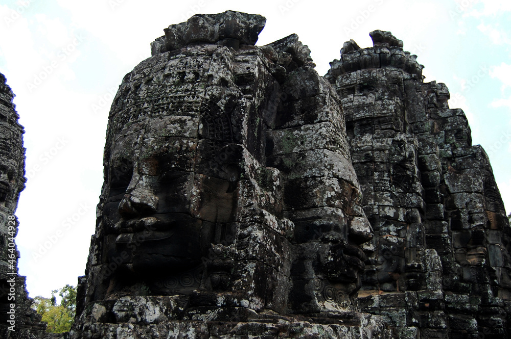 Sculpture carving ancient ruins antique building of Prasat Bayon Castle or Jayagiri Brahma Temple for Cambodian people and travelers travel visit respect pray at Angkor Thom Wat in Siem Reap, Cambodia