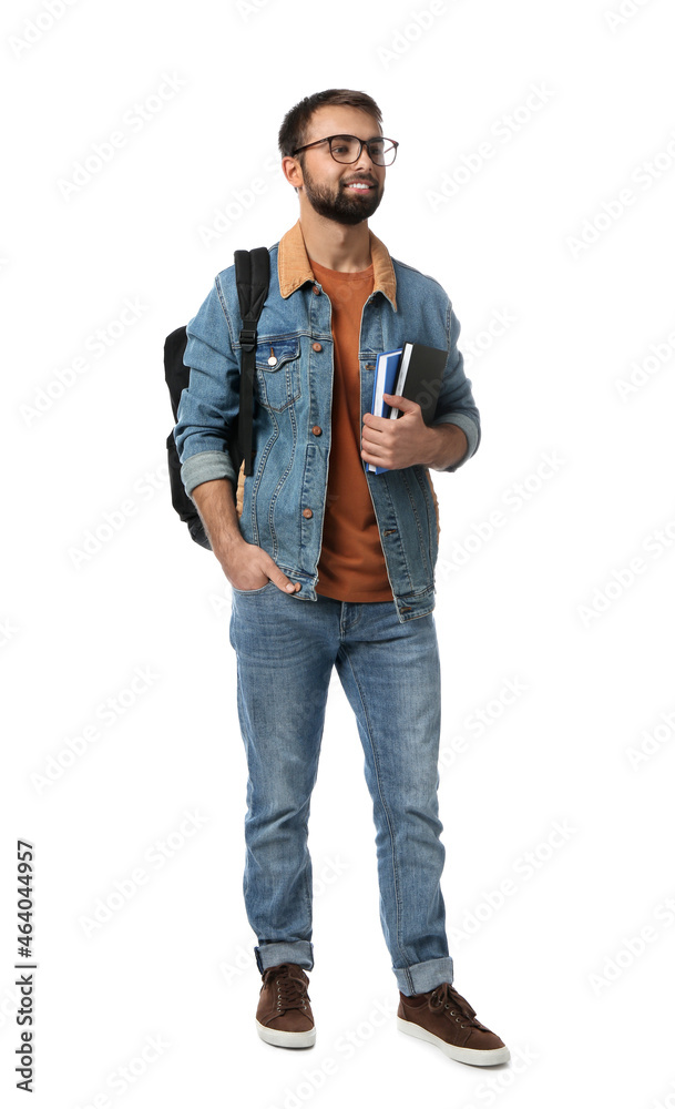 Student with backpack and books on white background Student with backpack and books on white background