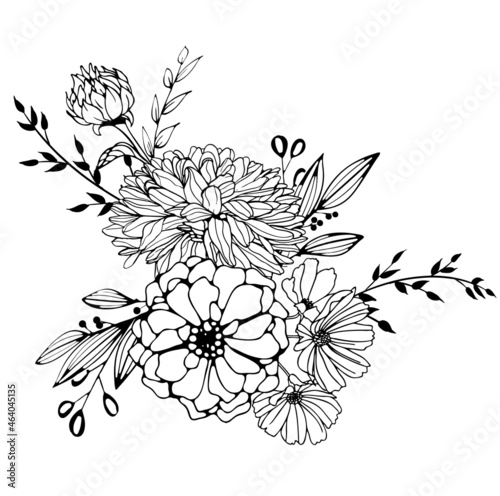 One black outline flower, branch and leaves.Isolated on white background.Hand drawn.For floral design, cosmetic products,greeting card,invitations,coloring book. Vector stock illustration.