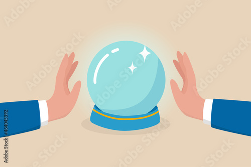 Business forecast, investment stock market prediction or super power to see future, fortune teller to see opportunity concept, businessman hand with magical power see forecasting on crystal magic ball