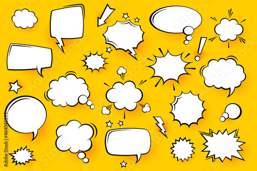 Blank comic speech bubbles with halftone shadows on yellow background. Hand drawn retro cartoon stickers. Pop art style. Vector illustration.