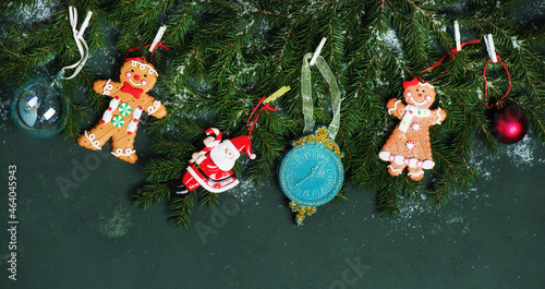 Fototapeta Naklejka Na Ścianę i Meble -  Christmas banner with fir branches and Christmas toys, top view. Festive new year background.