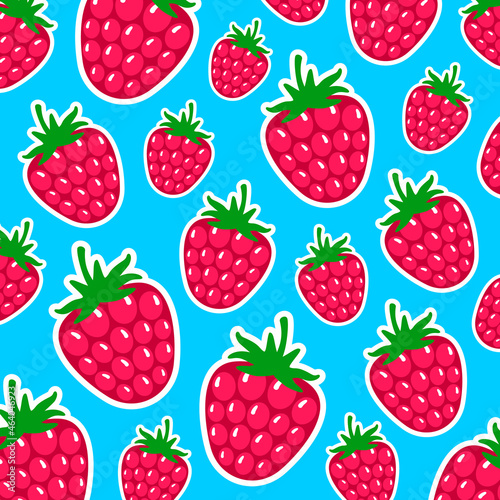 Raspberries on a blue background in different sizes. Juicy berries. Flat vector illustration.