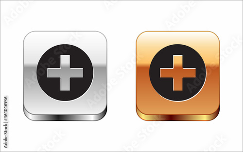 Black Cross hospital medical icon isolated on white background. First aid. Diagnostics symbol. Medicine and pharmacy sign. Silver-gold square button. Vector Illustration