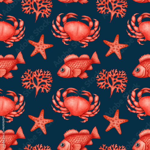 Sea life seamless pattern. Watercolor red Crab, Fish, Starfish and Seaweed. Ocean underwater wildlife animal. Summer Seafood. Hand drawn Marine background for print, fabric, textile, package, wrapping