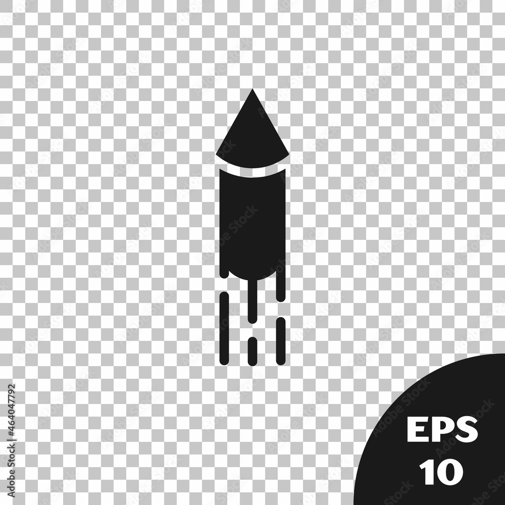 Fototapeta premium Black Firework rocket icon isolated on transparent background. Concept of fun party. Explosive pyrotechnic symbol. Vector