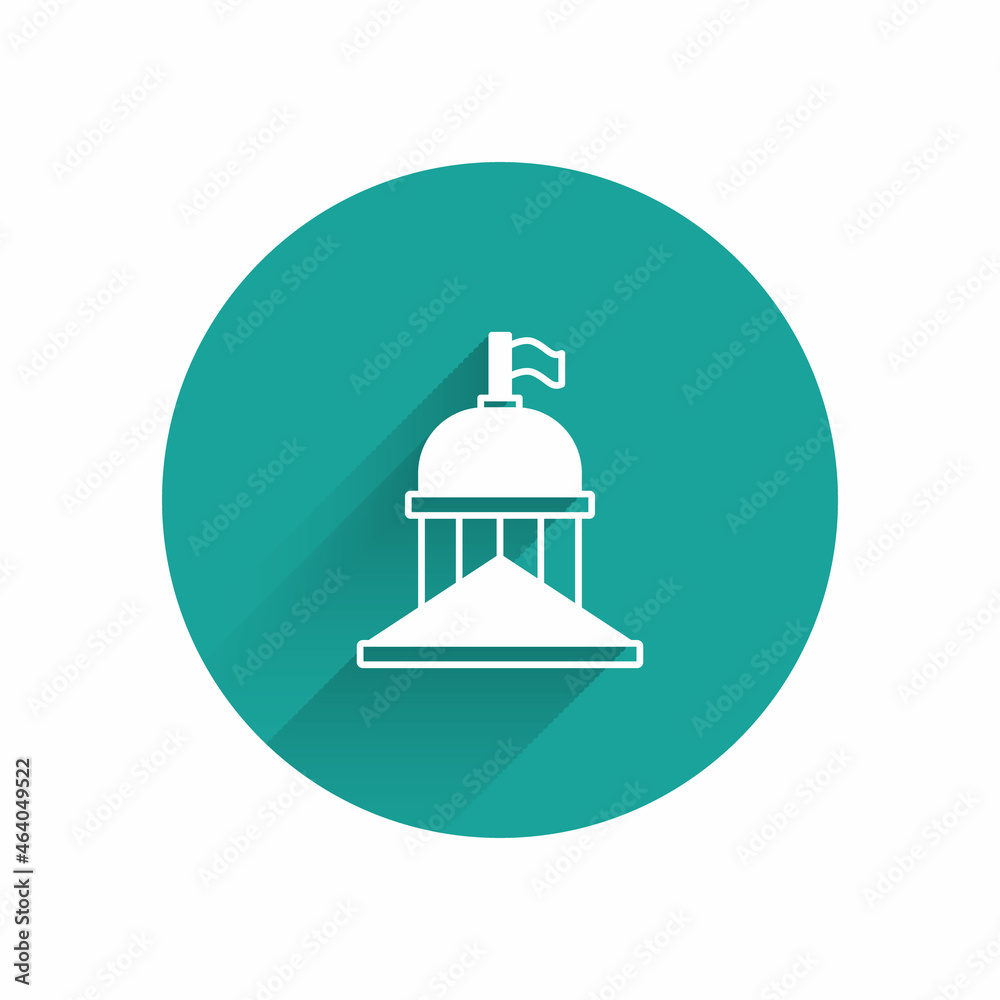White White House icon isolated with long shadow background. Washington DC. Green circle button. Vector White White House icon isolated with long shadow background. Washington DC. Green circle button. Vector