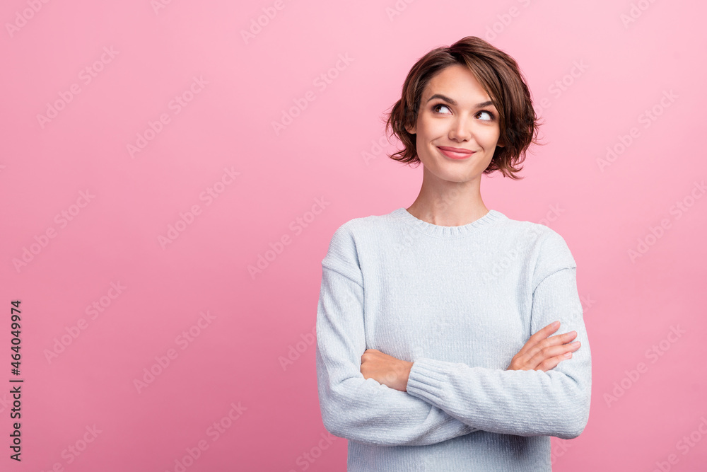 Obraz na plátně Photo of dreamy positive happy young woman look empty space hold hands crossed i