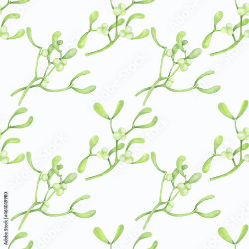 Watercolor seamless mistletoe pattern isolated on white background.Perfect for fabrics,textile,prints and more.