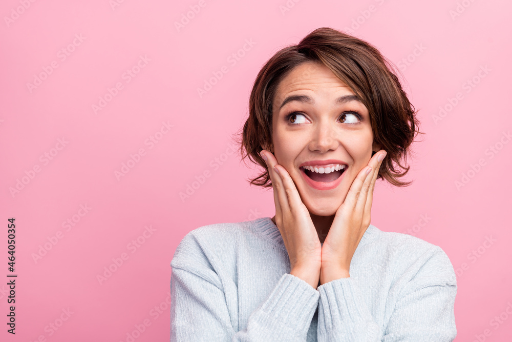 Photo of amazed surprised funny lady hands cheeks look empty space wear blue pullover isolated pink color background Photo of amazed surprised funny lady hands cheeks look empty space wear blue pullover isolated pink color background