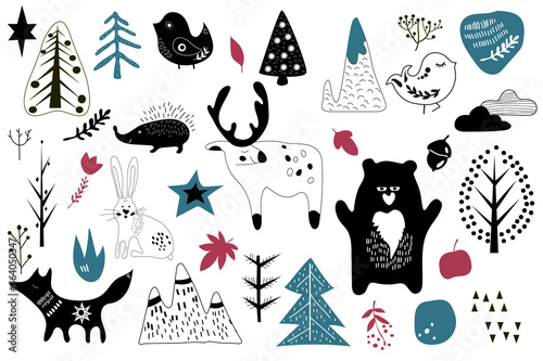 Vector set. Various animals and natural elements in the Scandinavian style. Transparent background.