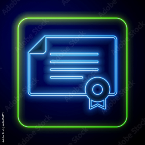 Glowing neon Certificate template icon isolated on blue background. Achievement, award, degree, grant, diploma concepts. Vector