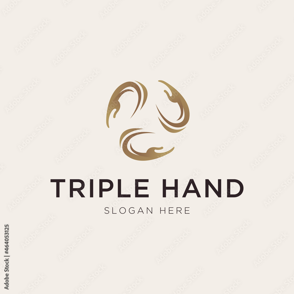 Abstract triple hand care logo in gold luxury style Abstract triple hand care logo in gold luxury style