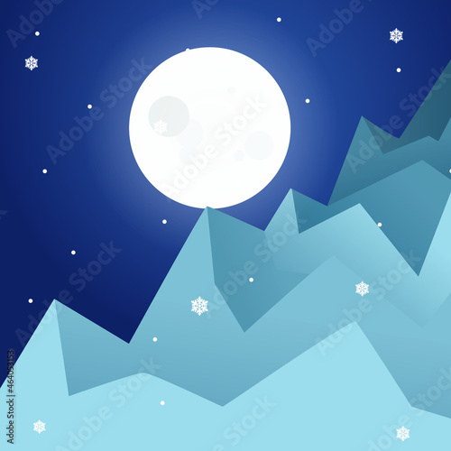 Landscape with snow-filled areas.3d abstract pastel paper cut illustration of winter landscape with cloud,pines and mountains.Happy New Year and Merry Christmas background.Bright moon. moon background