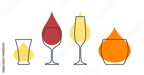 Four glasses with tequila, red wine, champagne and whiskey. Shot glass drinks. Template alcohol beverage for restaurant, bar. Symbol party. Different drinks. Isolated flat illustration on white.