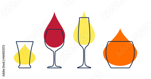 Four glasses with tequila, red wine, champagne and whiskey. Shot glass drinks. Template alcohol beverage for restaurant, bar. Symbol party. Different drinks. Isolated flat illustration on white.