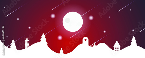 Landscape with snow-filled areas.3d abstract pastel paper cut illustration of winter landscape with cloud,pines and mountains.Happy New Year and Merry Christmas background.Bright moon. moon background