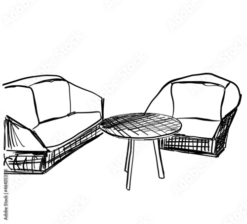 Contemporary modern interior hand drawing vector illustration. Sofa and armchair sketch