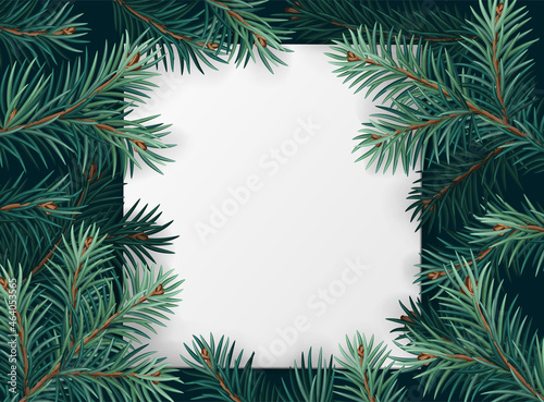 Vector Christmas square frame with pine tree branches and white paper. Christmas decoration concept