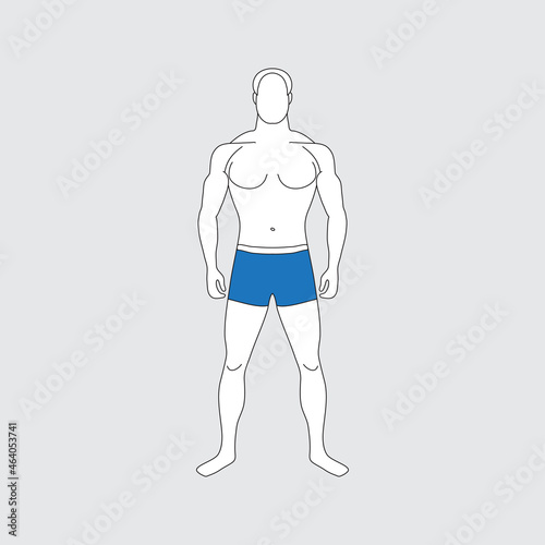 Adult man delineation in blue swimming trunks. Full-length white male figure. Front view. Slender muscular human body. Standing guy silhouette. Impersonal person of normal weight. Vector illustration