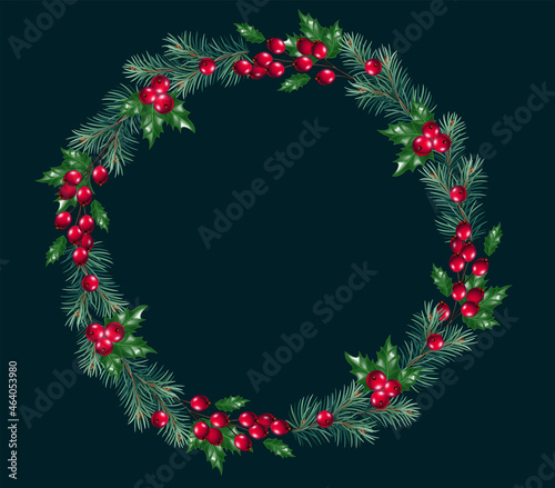 Vector Christmas round frame with pine tree branches and red berries. Christmas decoration concept