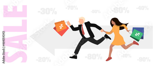 Purchases and discounts. Buyers - men and women - Run to the sale for shopping. Holiday sale. Vector illustration