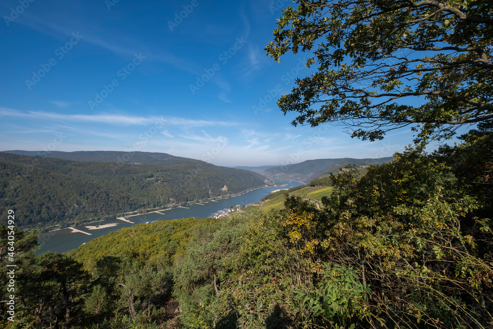 View down into the valley of the Rhine near Assmannshausen / Germany in autumn 