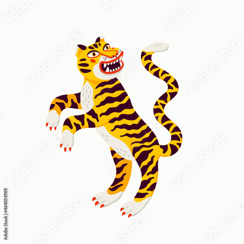 Tiger vector illustration, cartoon yellow tiger rampant on white background. Organic flat style vector illustration