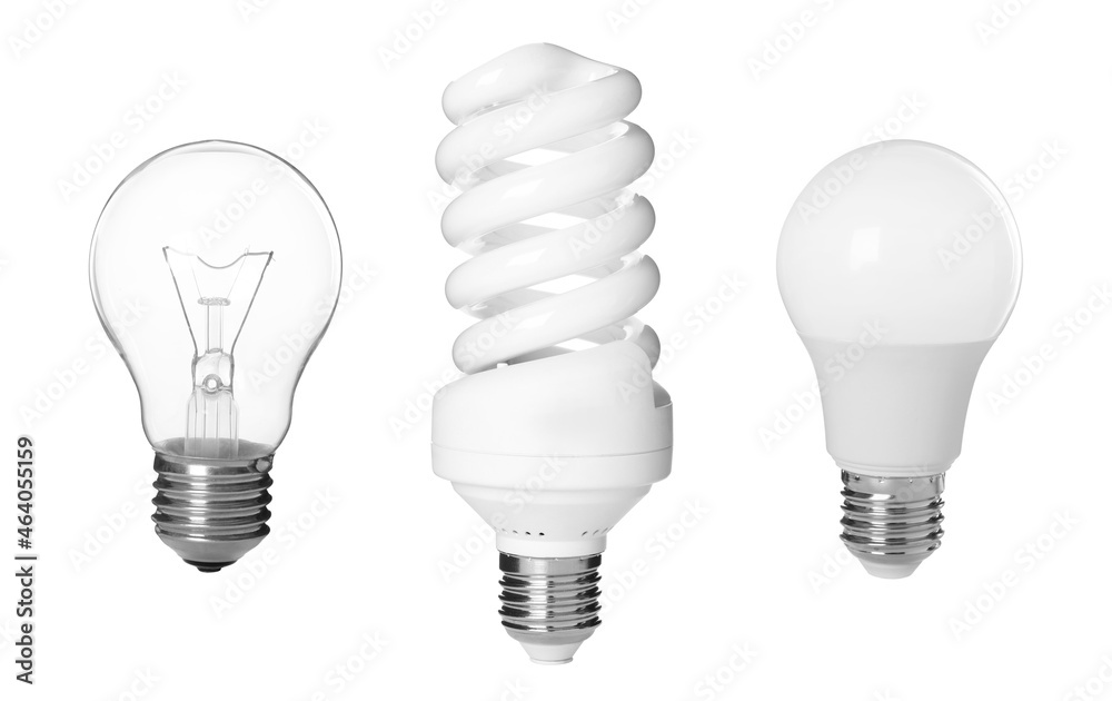Comparison of different light bulbs on white background, collage Comparison of different light bulbs on white background, collage
