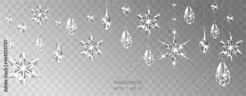 Vector Christmas background with realistic transparent glass snowflakes and decoration. Sparkling translucent crystals