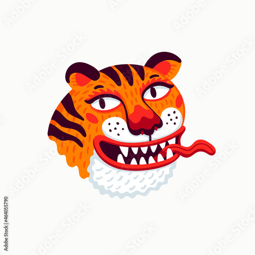 Tiger vector head, cartoon tiger funny face on white background. Organic flat...