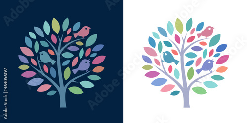 Colorful tree icon with birds, symbolising power of nature, happiness, wholeness and cheerfulness - adjustable vector image