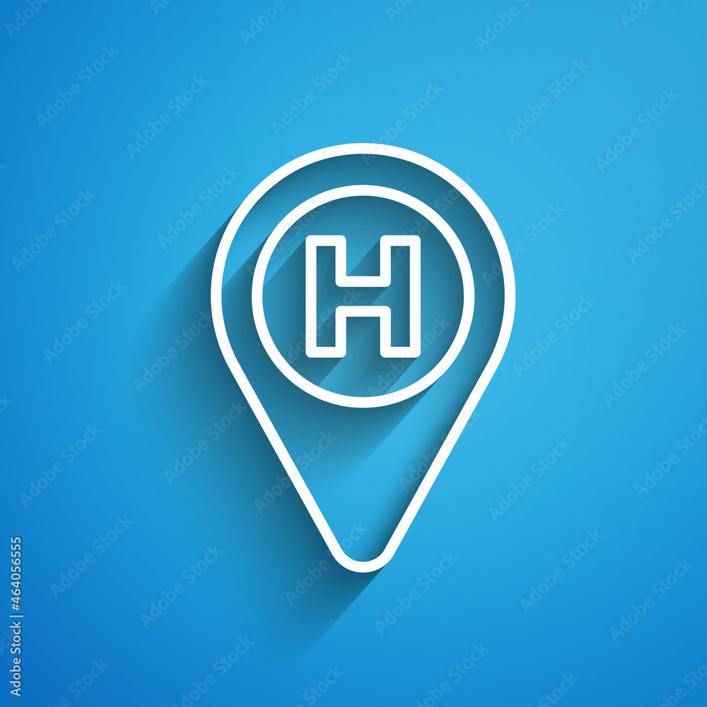 White line Helicopter landing pad icon isolated on blue background. Helipad, area, platform, H letter. Long shadow. Vector White line Helicopter landing pad icon isolated on blue background. Helipad, area, platform, H letter. Long shadow. Vector