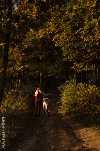 Unrecognisable woman is riding a bicycle down the road in an autumn forest during sunset.