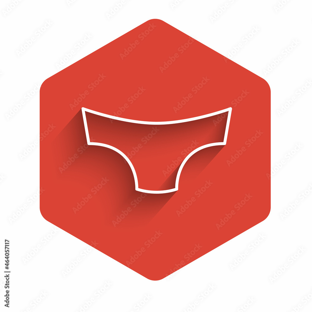 White line Men underpants icon isolated with long shadow background. Man underwear. Red hexagon button. Vector White line Men underpants icon isolated with long shadow background. Man underwear. Red hexagon button. Vector