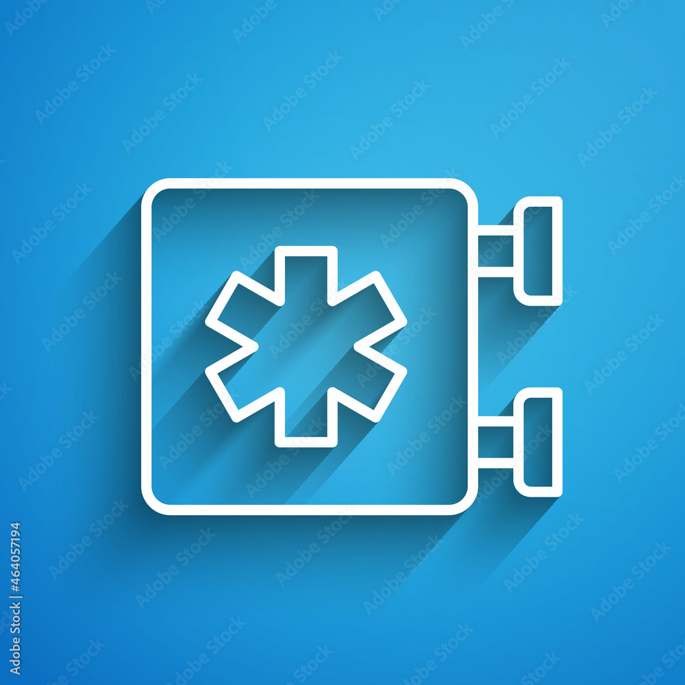 White line Medical symbol of the Emergency - Star of Life icon isolated on blue background. Long shadow. Vector White line Medical symbol of the Emergency - Star of Life icon isolated on blue background. Long shadow. Vector