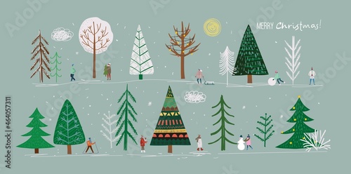 Vector set of winter Christmas trees and sun, snow, snowflake, bush, cloud, people for Creating own New Year and Christmas illustration cards