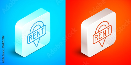 Isometric line Location key icon isolated on blue and red background. The concept of the house turnkey. Silver square button. Vector