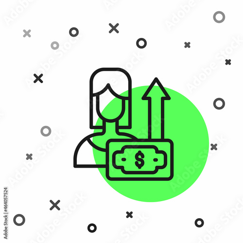 Black line Money growth woman icon isolated on white background. Income concept. Business growth. Investing, savings and managing money concept. Vector