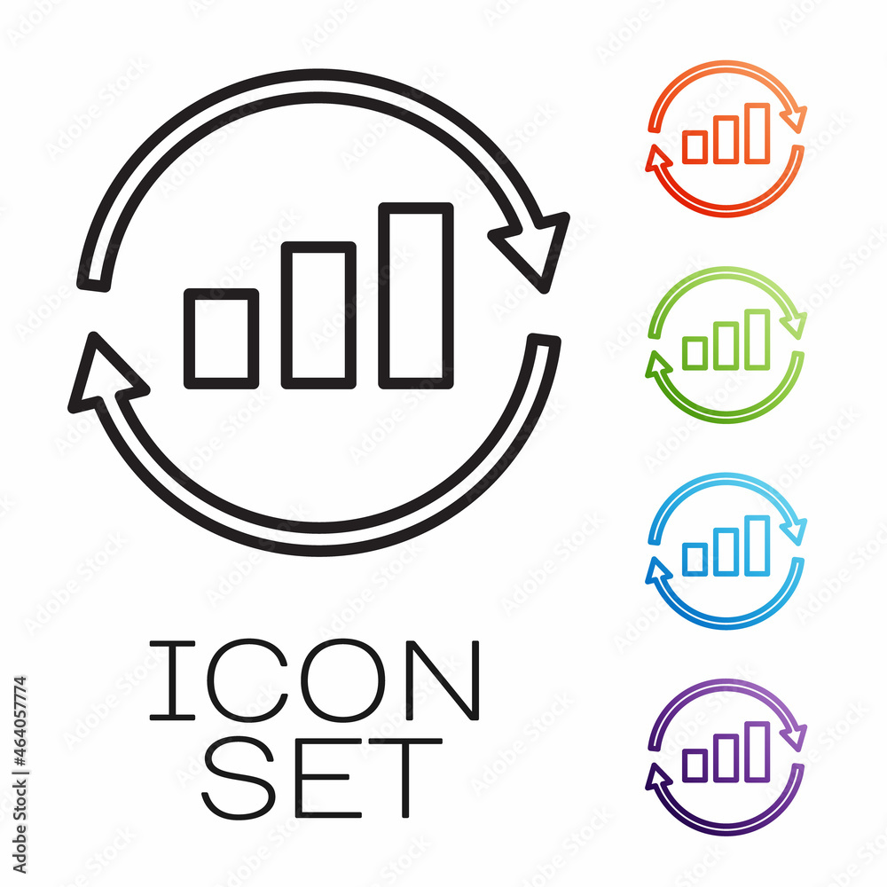 Black line Graph, schedule, chart, diagram, infographic, pie graph icon isolated on white background. Set icons colorful. Vector