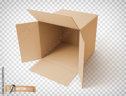 Vector realistic illustration of a brown cardboard box on a transparent background.