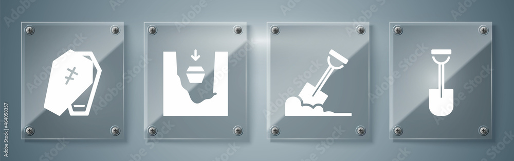 Set Shovel, Shovel in the ground, Coffin in grave and Coffin with cross. Square glass panels. Vector Set Shovel, Shovel in the ground, Coffin in grave and Coffin with cross. Square glass panels. Vector