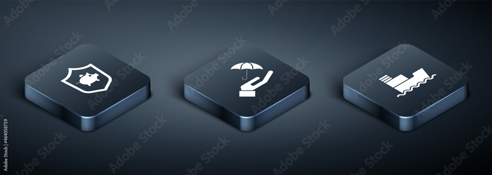 Set Isometric Piggy bank with shield, Ship and Umbrella in hand icon. Vector Set Isometric Piggy bank with shield, Ship and Umbrella in hand icon. Vector