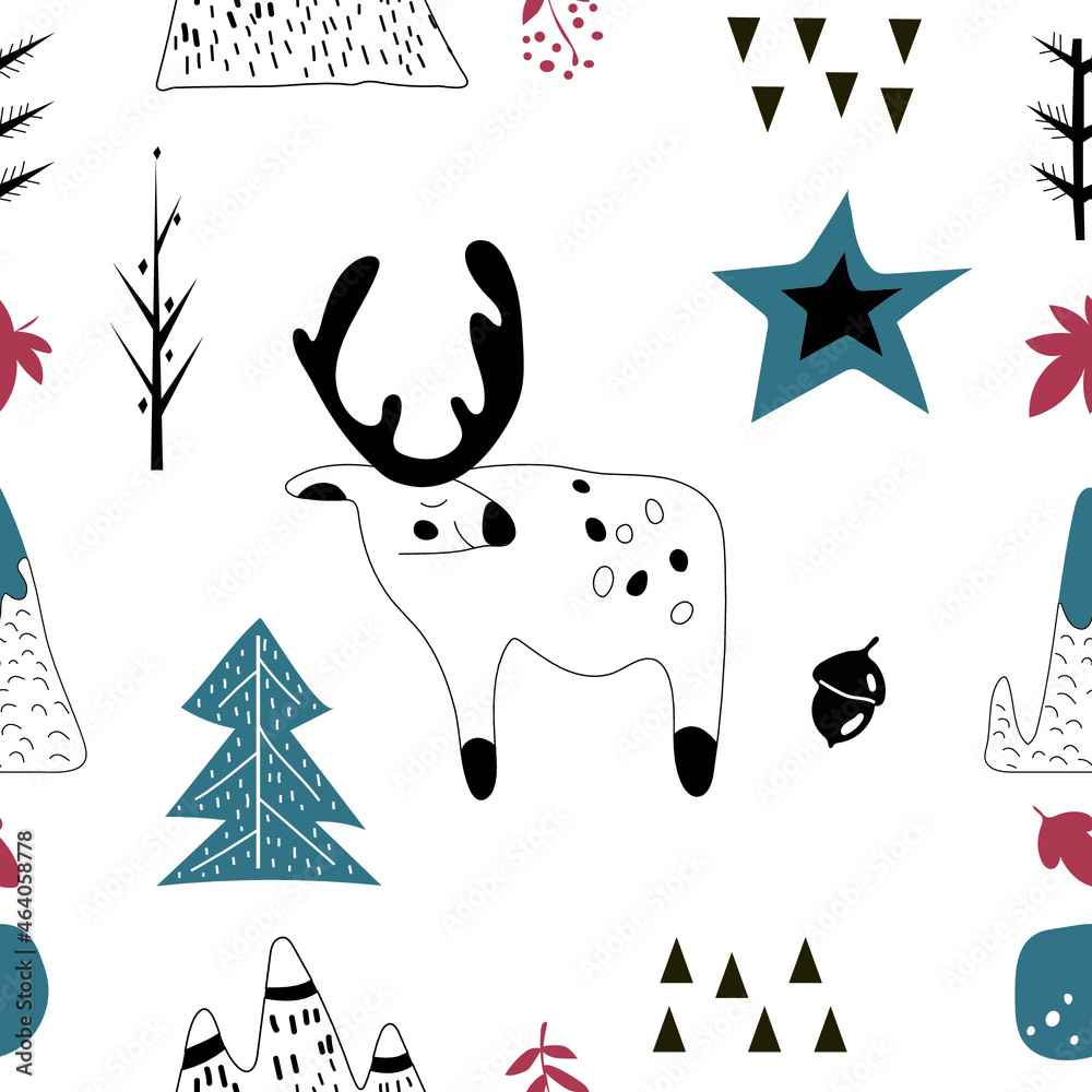 Seamless pattern. Various animals and natural elements in the Scandinavian style. 
