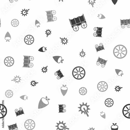 Set Wild west covered wagon, Spur, Old wooden wheel and Cowboy bandana on seamless pattern. Vector