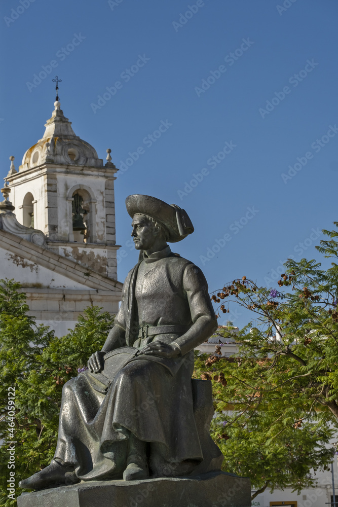 statue of Infante D. Henrique, also known as Prince Henry the Navigator, located in the historic old town of Lagos, Portugal