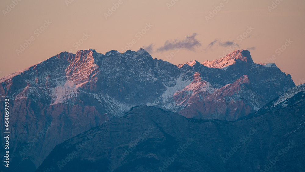 beautiful sunset atmosphere on the mountains with view of the alps in austria