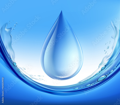 Drop of clear water with splashes.