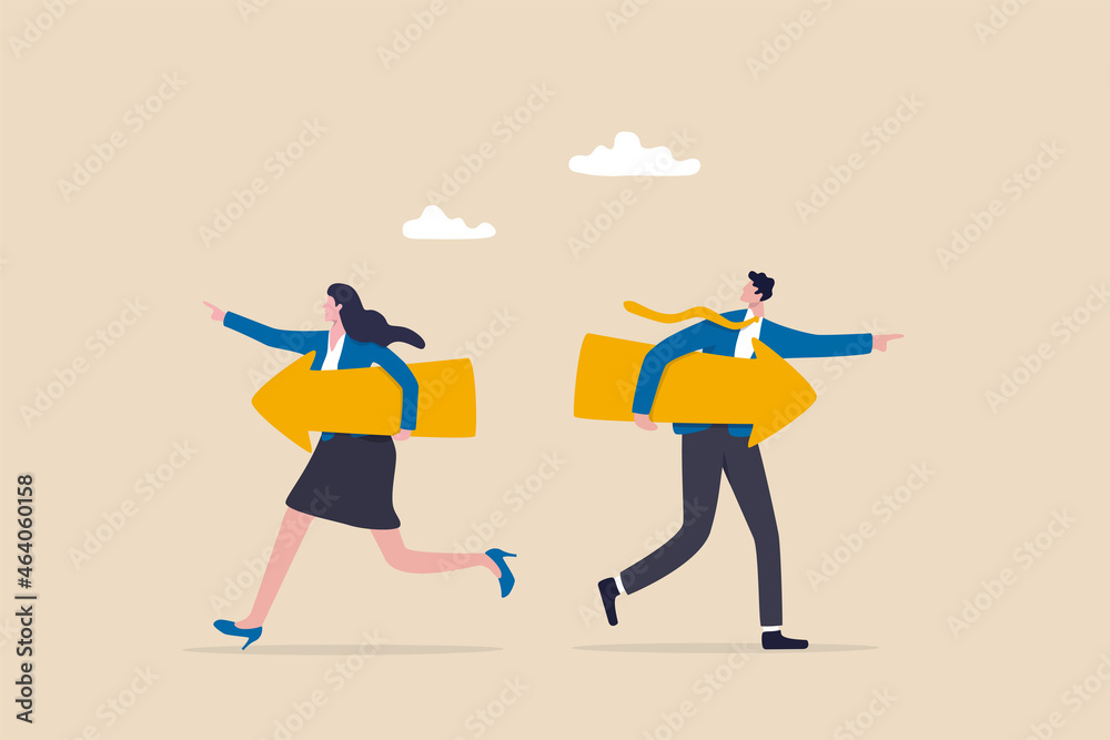 Different individual way, different business direction or team conflict, opposite decision, contrast or disagreement concept, businessman and businesswoman holding arrow running in opposite position. - obrazy, fototapety, plakaty 